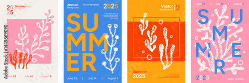 Summer posters abstract design with crayon sea plants. Modern banner template with coral and ocean seaweed drawn with chalk. Summer sale, travel, vacation concept, vector illustration