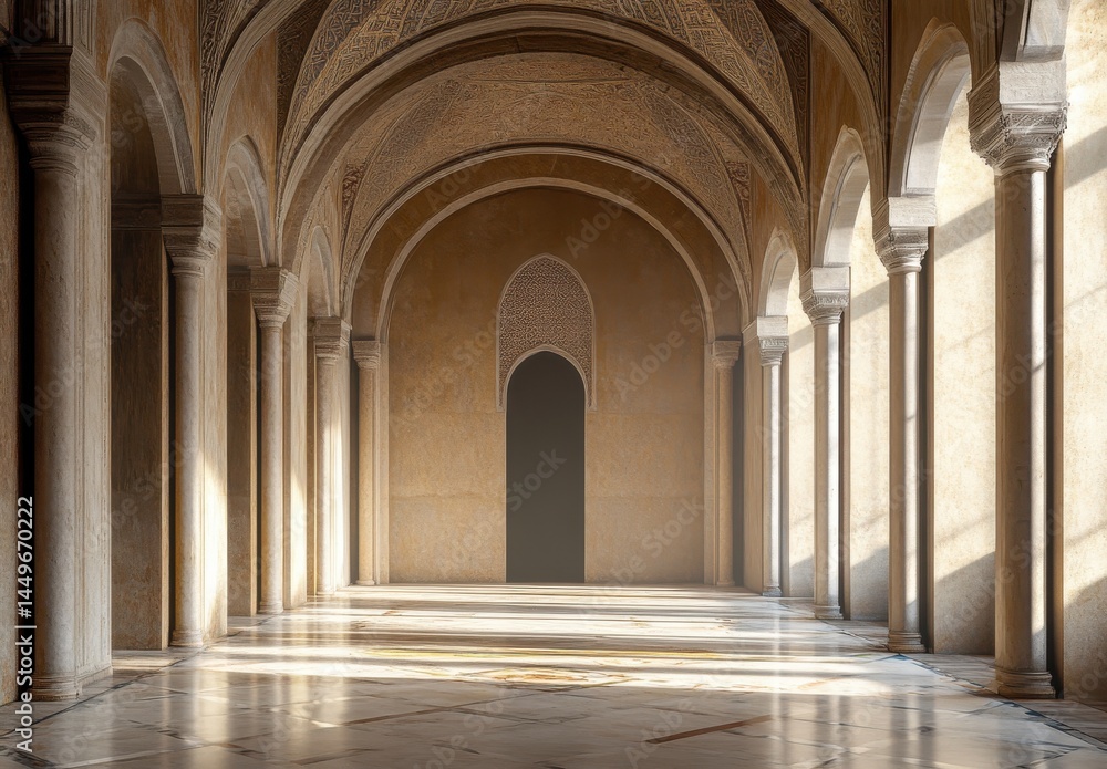 Sunlit Classical Hallway with Marble Floor and Arched Ceilings Sunlit Classical Hallway with Marble Floor and Arched Ceilings