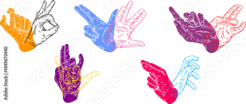 Concept art silhouettes hands in double exposure color style. Set hand drawn bright design different gestures for print, tattoo. Modern vector vivid illustrations with arm.