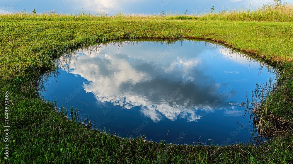 Fototapeta premium A tiny pond reflecting a cloudy sky, white background