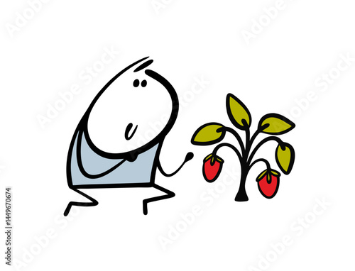 Gardener takes care of strawberry bushes in the garden or on the farm. Vector illustration a cartoon stickman is harvesting, a child has found ripe strawberries in the forest. Wild plant.
