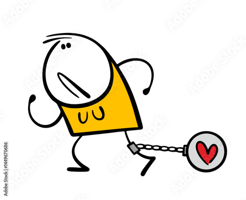 Cartoon determined woman is trying to get out of a toxic relationship. Vector illustration of a disgruntled girl with a kettlebell and a chain on her leg suffering from love. Wife demands a divorce.