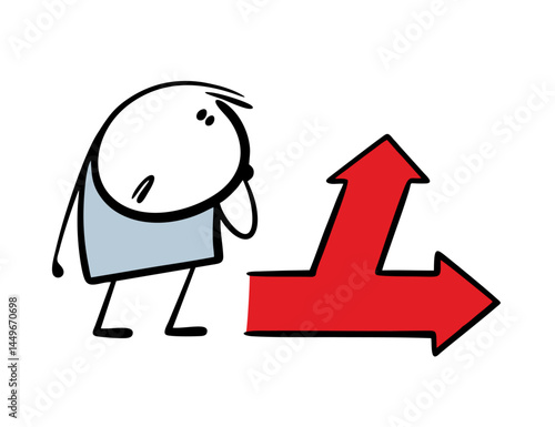 Indecisive cartoon man looks at a fork in the road. Vector illustration of the situation doodle arrow shows two directions, you need a choice.