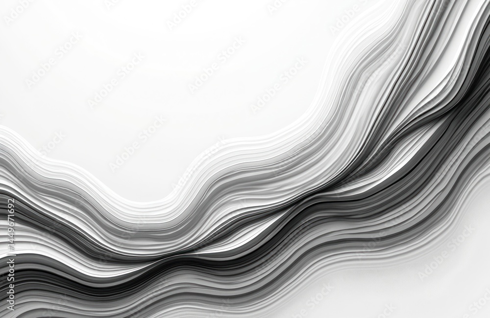 Abstract visual illustration features flowing wave lines, monochrome color palette. Design element for modern decor, web design, product presentation. Artistic wavy texture, elegant background.