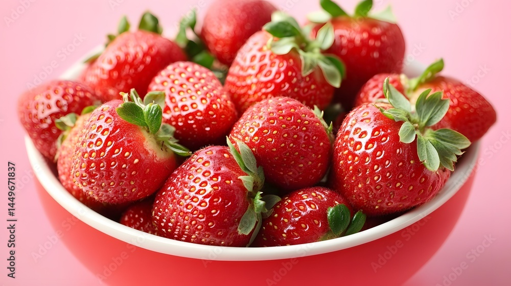Photograph of ripe strawberries in a red bowl against a pink background. Photograph of ripe strawberries in a red bowl against a pink background.