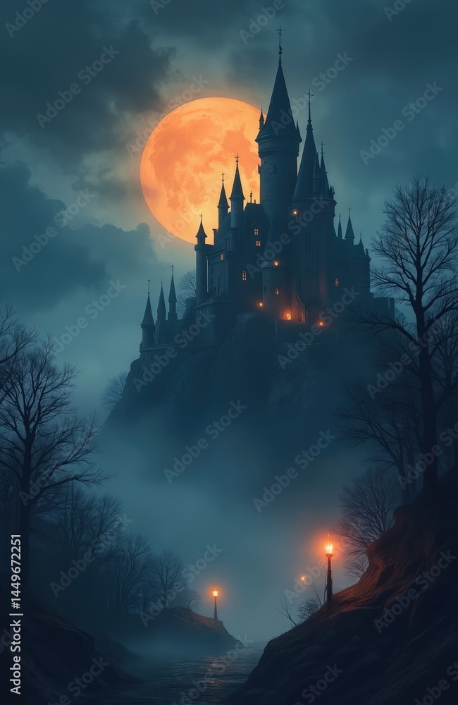 Enigmatic nightscape featuring dark castle under full moon. Mysterious fog surrounds gothic architecture with glowing lights, creating haunting atmosphere. Branches of trees on foreground, spooky