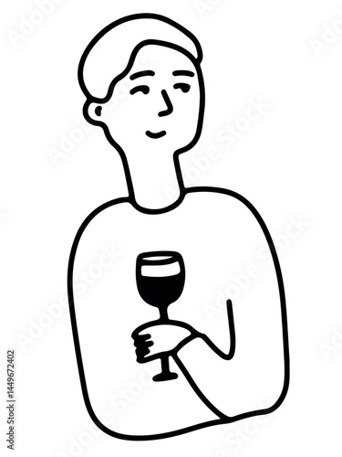 Man Drinking Wine. Line Drawing Doodle	

