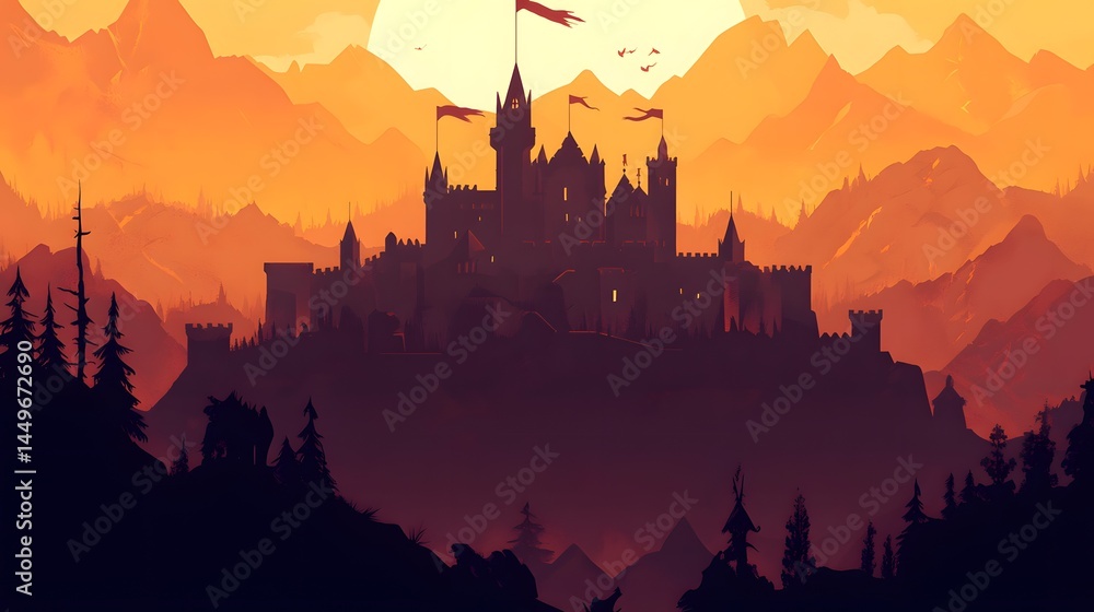 Naklejka premium Digital illustration of a dark castle silhouette against a fiery sunset mountain landscape.