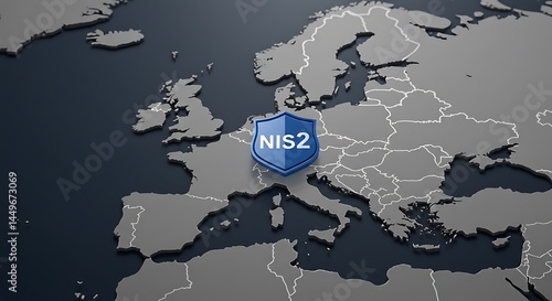 Cybersecurity Map of Europe with NIS2 Shield Icon