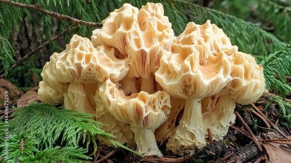 Clustered, pale yellow mushrooms in a forest setting