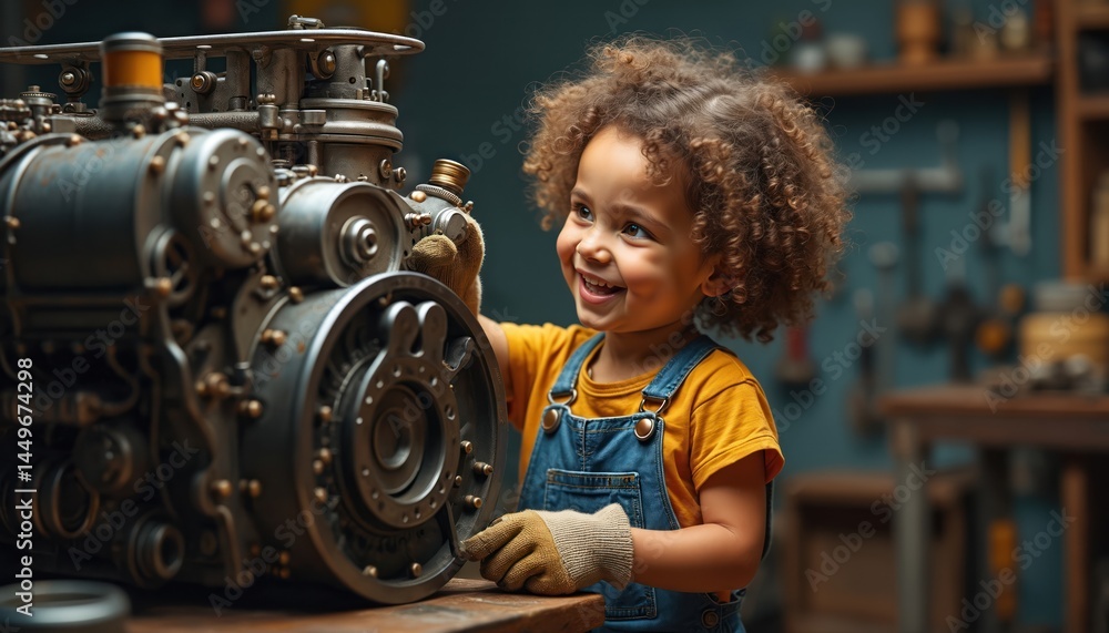 Happy kid plays mechanic role. Curly hair girl fixes car engine, wearing dungarees, gloves, yellow shirt, smiles joyfully. Child explores profession, automotive engineering industry, having fun.