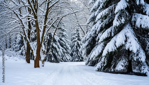 The image depicts a serene winter landscape, featuring snow-covered trees and a winding path through the snow. The scene radiates tranquility and beauty.
