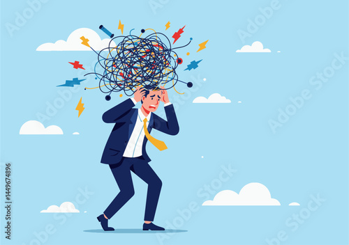 illustration of an overwhelmed businessman holding his head, surrounded by tangled lines and puzzle pieces, symbolizing workplace stress, confusion, mental pressure, and problem-solving challenges.