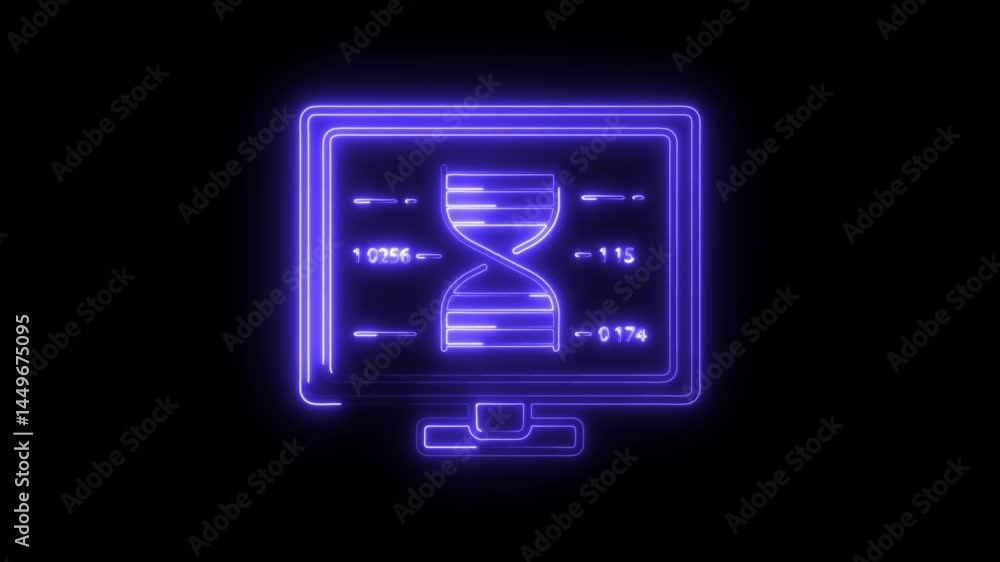 Neon computer display with hourglass and data analytics animation concept for data science futuristic technology Neon computer display with hourglass and data analytics animation concept for data science futuristic technology