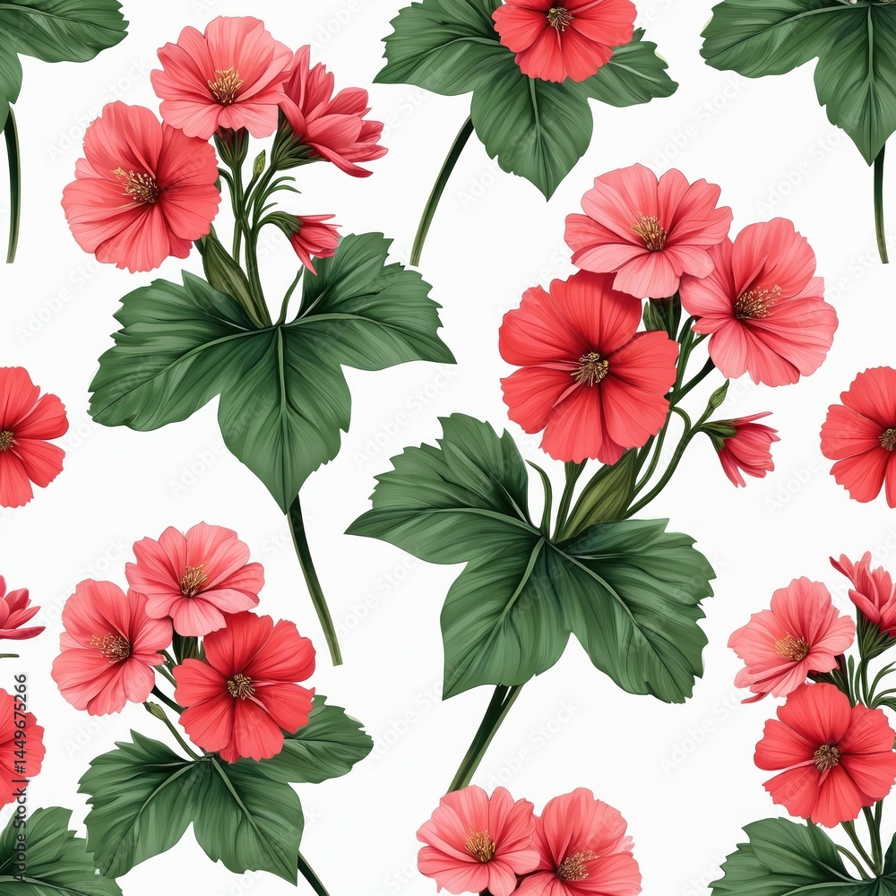 Seamless pattern coral pink geranium flowers with green leaves against white background. Repeatable floral design for textile fabric decor wallpaper prints. Summer spring bloom.
