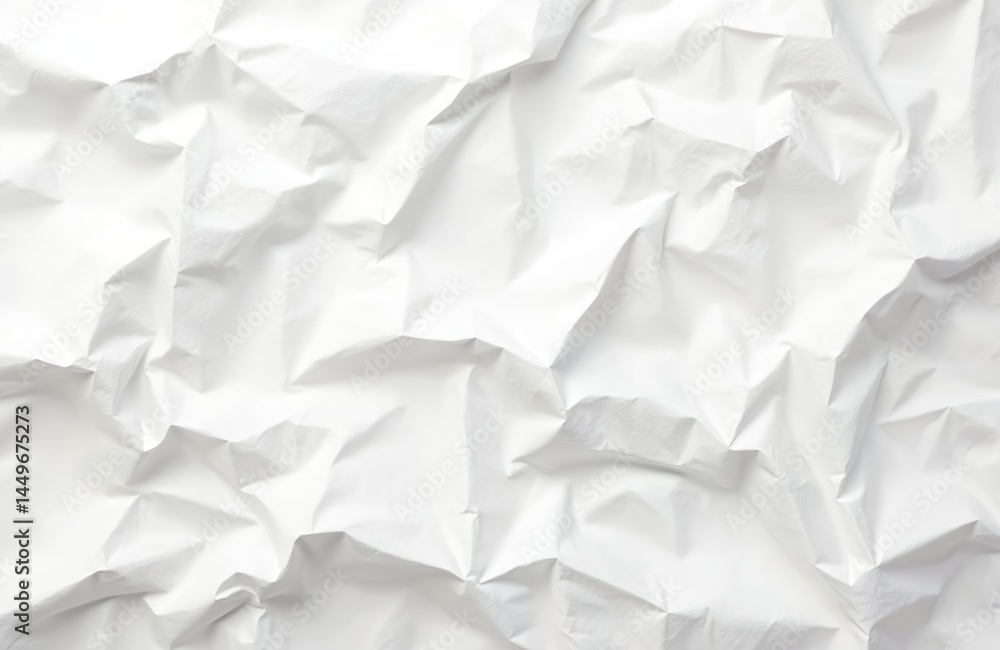 White crumpled paper texture background. Top view of blank, wrinkled sheet. High-resolution, minimalistic, clean, simple backdrop for design. Modern minimal style. Perfect for product presentation.