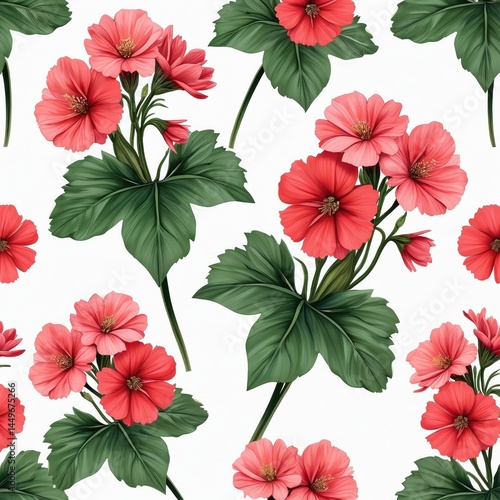 Obraz na płótnie Seamless pattern coral pink geranium flowers with green leaves against white background. Repeatable floral design for textile fabric decor wallpaper prints. Summer spring bloom. w salonie