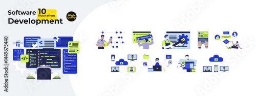 Software development process cartoon flat illustrations mega bundle. SaaS collaboration, debugging. Diverse developers writing code 2D images isolated on white. Collection vector drawings colorful