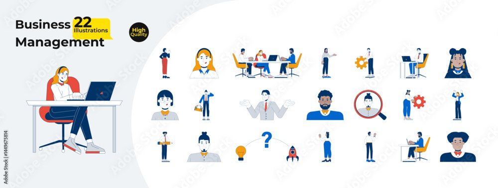 Fototapeta premium Diverse businesspeople employees cartoon flat illustrations mega bundle. Corporate life. Business women, men. Office workers career 2D images isolated on white. Collection vector drawings colorful
