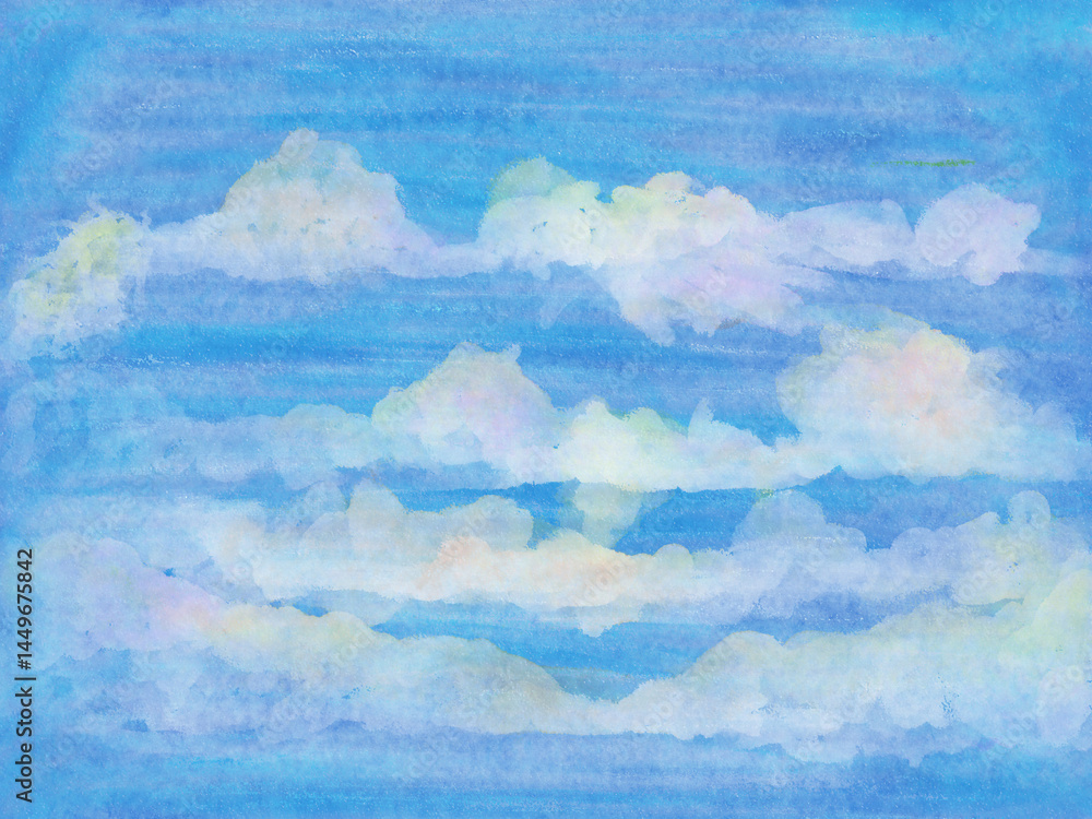 Fototapeta premium Blue sky with white clouds watercolor background