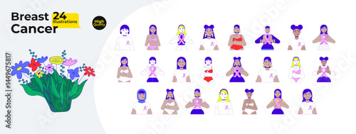 Breast cancer awareness cartoon flat illustrations mega bundle. Self examination, pink ribbons. Multicultural women empowerment 2D images isolated on white. Collection vector drawings colorful