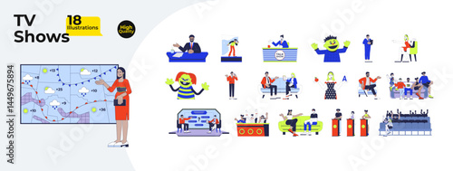 TV shows cartoon flat illustrations mega bundle. Broadcast and television entertainment. Weather forecast, talent contest, sitcom 2D images isolated on white. Collection vector drawings colorful