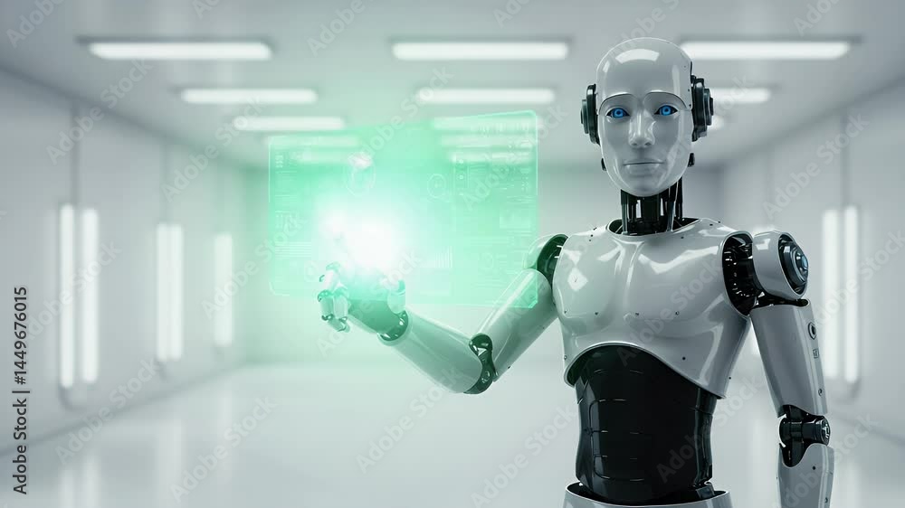Humanoid Robot Interacting with Holographic Interface in a Futuristic Setting Humanoid Robot Interacting with Holographic Interface in a Futuristic Setting