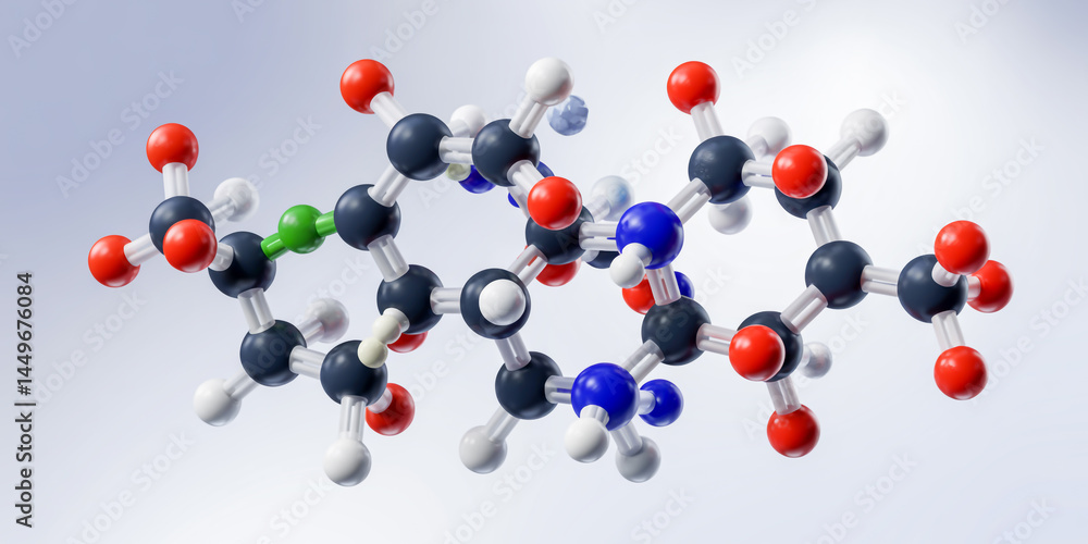 3D molecular structure of a complex pharmaceutical compound with colored atoms, aromatic rings, and side chains, shown in detailed scientific rendering. 3D molecular structure of a complex pharmaceutical compound with colored atoms, aromatic rings, and side chains, shown in detailed scientific rendering.