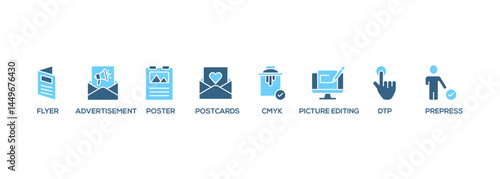 Print banner web icon vector illustration concept with icon of flyer, advertisement, brochure, poster, postcards, cmyk, picture editing, dtp, and prepress