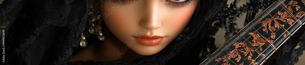 Obraz premium Woman's face, black veil, ornate detail
