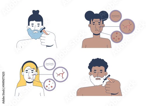 Face skin problems and shaving routine 2D vector illustrations set. Beard grooming, skincare dermatology. Diverse women, men flat characters isolated on white. Colorful cartoon images collection