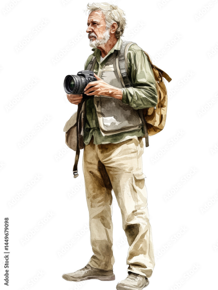 A watercolor depiction of an elderly photographer with a beard holding a camera on a neutral surface A watercolor depiction of an elderly photographer with a beard holding a camera on a neutral surface