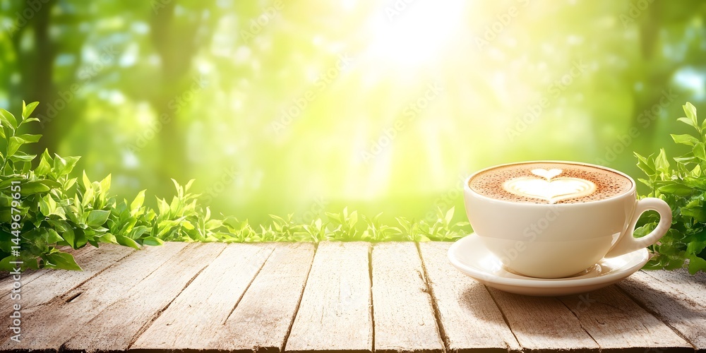 Morning Coffee Latte Art on Wooden Table in Sunny Garden Morning Coffee Latte Art on Wooden Table in Sunny Garden