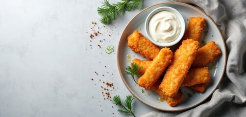 Crispy fish sticks served with tartar sauce on a plate. Fast food fish fingers with fresh ingredients, golden fried crust ready for dinner. Top view with space for text menu background.