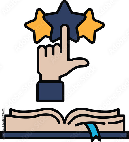 A hand pointing to three stars above an open book