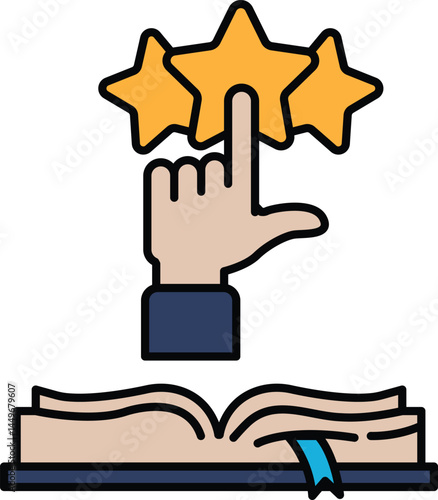 A hand pointing to three stars above an open book