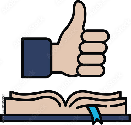 A thumbs up sign is placed on top of an open book