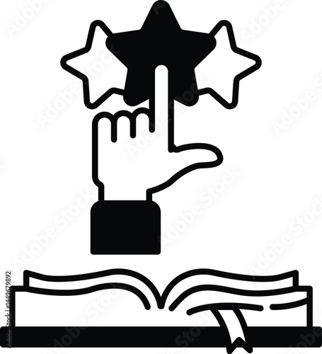 hand pointing to three stars above an open book
