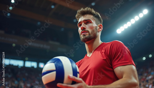 Volleyball player in red uniform with a ball in bright sports arena. Male athlete is ready for the match. Action and energy. Sport competition, teamwork, indoor, people, fitness.