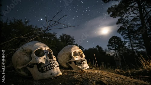 Two human skulls rest on the ground in a forest clearing under a starry night sky and visible moon.
