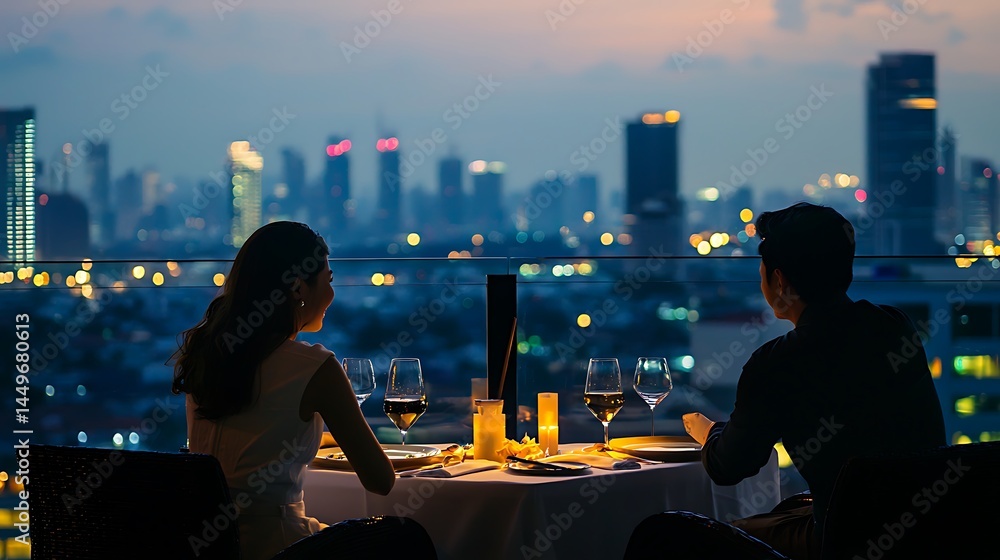 Fototapeta premium Couple is sitting at a table with wine glasses and a bottle of wine