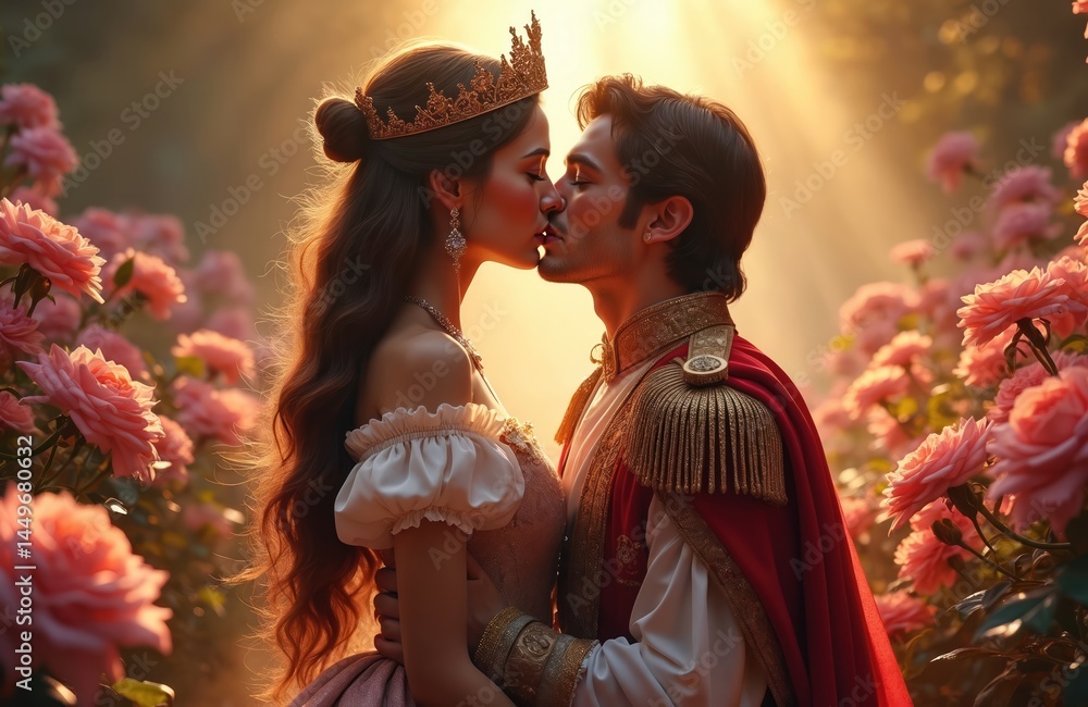 Romantic illustration prince princess share kiss magical garden. Royal couple moment. Charming pair in love, tenderness, gentle feelings. Fairytale dream comes true. Romantic fantasy love story,
