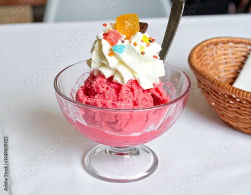 A glass bowl of vibrant pink ice cream sundae topped with whipped cream and colorful candies sits on a white tablecloth beside a copper-colored basket.
