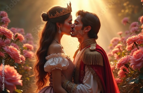 Obraz na płótnie Romantic illustration prince princess share kiss magical garden. Royal couple moment. Charming pair in love, tenderness, gentle feelings. Fairytale dream comes true. Romantic fantasy love story, w salonie