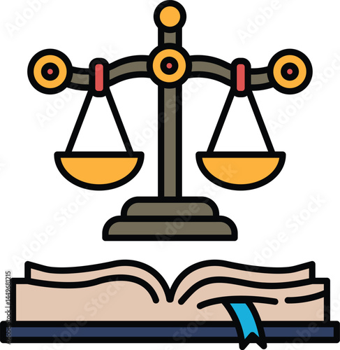 A scale with two sides and a book with a ribbon on it