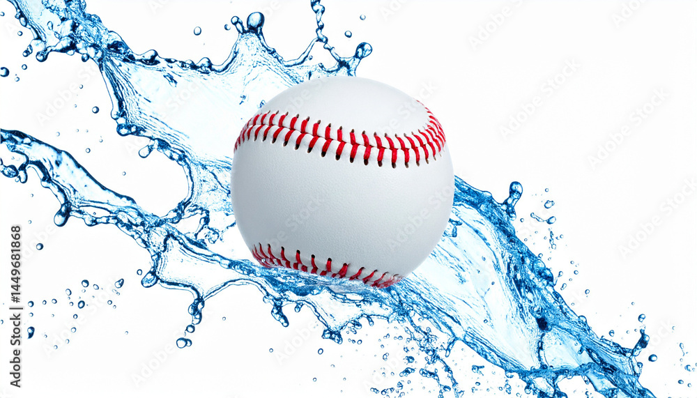 Fototapeta premium High-speed baseball with dynamic water splash on a clean white background