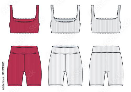 Women Ribbed Sports Bra and Biker Shorts Set – Technical Fashion Flat Sketch. Activewear set fashion flat technical drawing template, square neck, front, back view, white, red, women CAD mockup.