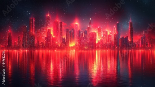 Red city lights reflect on water