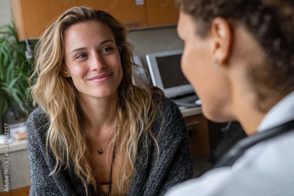 A cheerful young woman smiling during an appointment in a cozy office, showcasing a warm atmosphere that fosters positive engagement and communication with a provider. A cheerful young woman smiling during an appointment in a cozy office, showcasing a warm atmosphere that fosters positive engagement and communication with a provider.