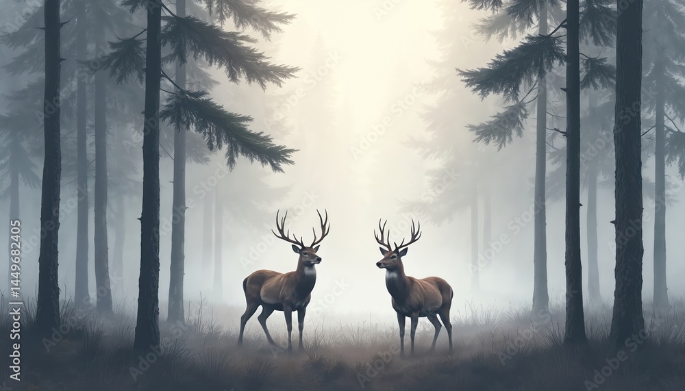 Two deer stand misty forest, surrounded by tall trees and fog. Serene scene evokes calm, tranquility. Natural environment scenery suitable for nature, wildlife, eco-friendly themes.